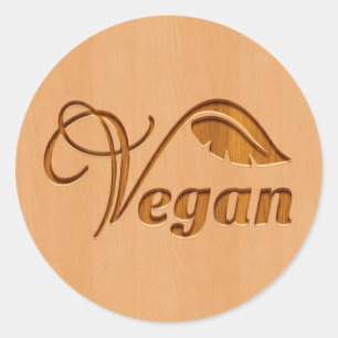Adesivo Redondo Logotipo do Vegan cinzelado no efeito de madeira