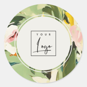 Adesivo Redondo Logotipo Floral Pintado Cor-de-Rosa Verde Boho