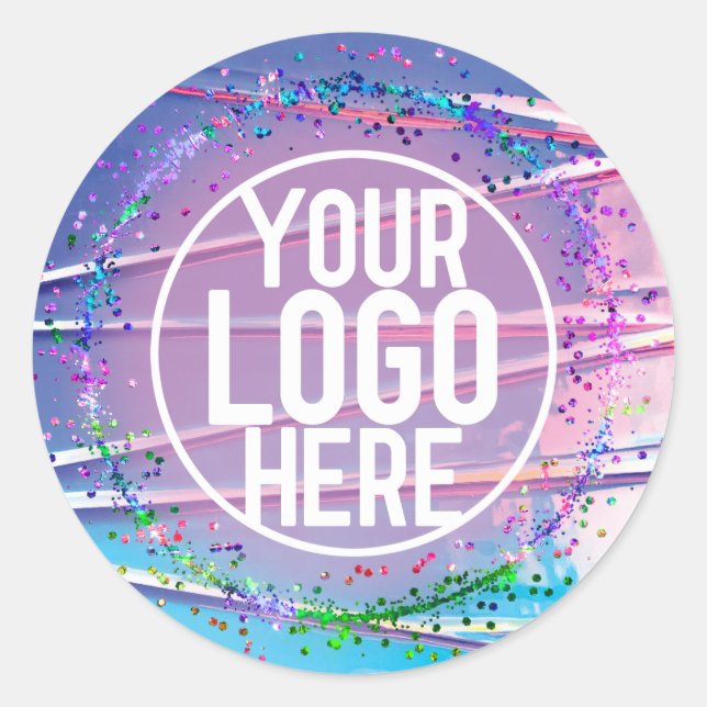 Adesivo Redondo Logotipo Glitter Confetti do Hológrafo Azul Roxo (Frente)