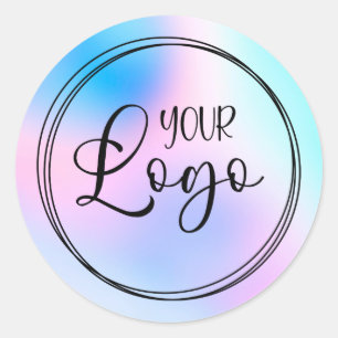 Adesivo Redondo Logotipo Gradiente Holográfico Rosa Pastel Azul