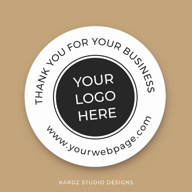 Adesivo Redondo Logotipo personalizado branco preto Obrigado (Add a branded look to your business with these personalized stickers with your logo.)