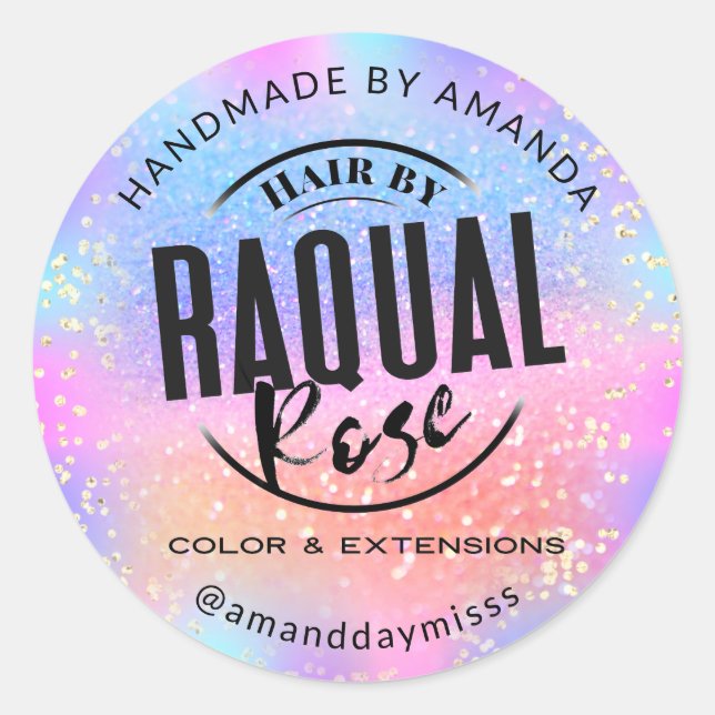 Adesivo Redondo Logotipo Personalizado Nome Hológrafo Glitter (Frente)