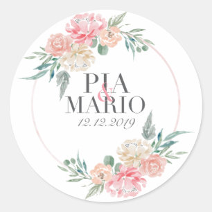 Adesivo Redondo Logotipo Wedding da grinalda com nome e data do