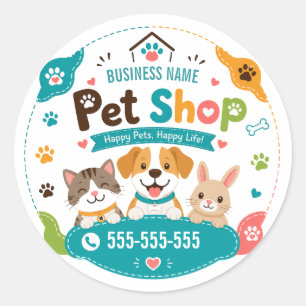 Adesivo Redondo Loja de Animais Divertida Nome Comercial Personali