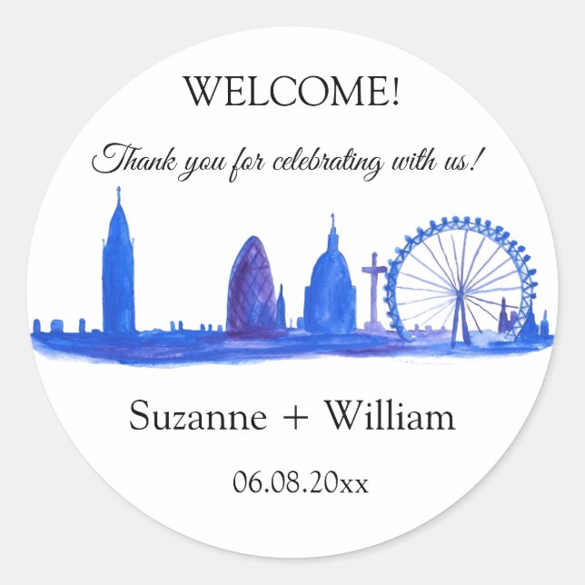 Adesivo Redondo Londres Inglaterra Skyline Blue Favcome Casamentos (Frente)