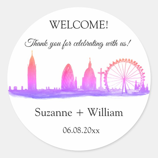 Adesivo Redondo Londres Inglaterra: Skyline Pink Favorece Casament (Frente)