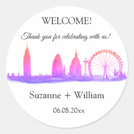 Adesivo Redondo Londres Inglaterra: Skyline Pink Favorece Casament