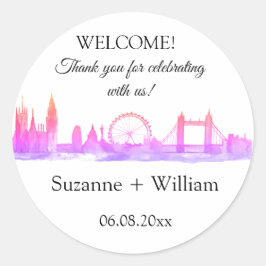 Adesivo Redondo Londres Inglaterra: Skyline Pink Favorece Casament