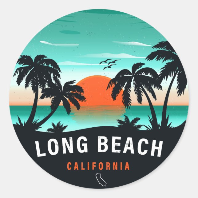 Adesivo Redondo Long Beach California Retro Sunset Souvenirs 80s (Frente)