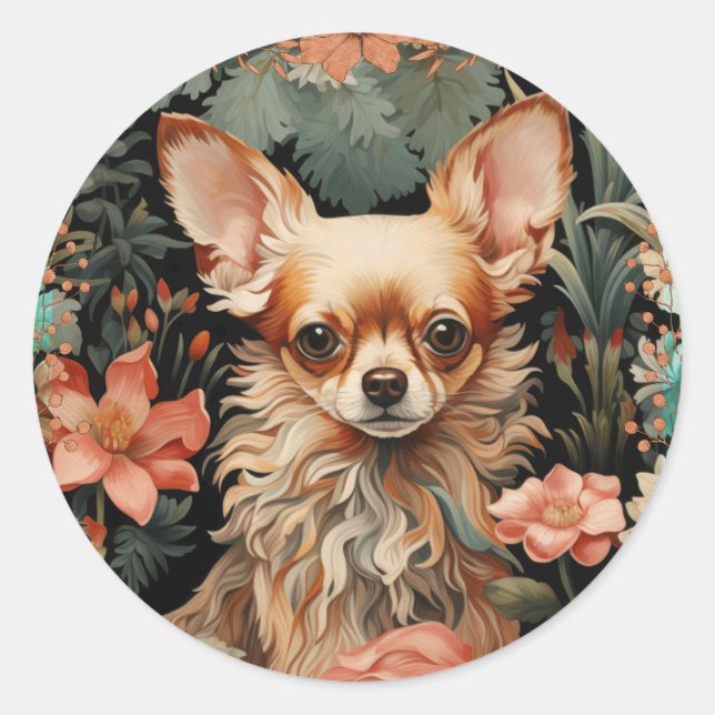 Adesivo Redondo Long Haired Chihuahua no estilo de William Morris (Frente)