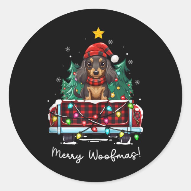 Adesivo Redondo Long Haired Dachshund Christmas Dog Truck Plaid Fu (Frente)