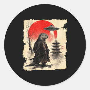 Adesivo Redondo Lontra Samurai Retro Ufo Arte Guerreiro Japonês Gr