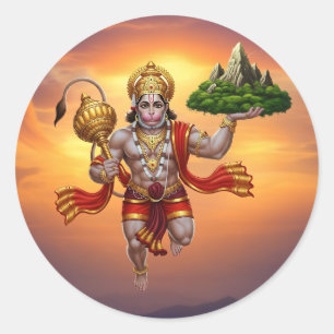 Adesivo Redondo Lord Hanuman Voando Levantando Montanha