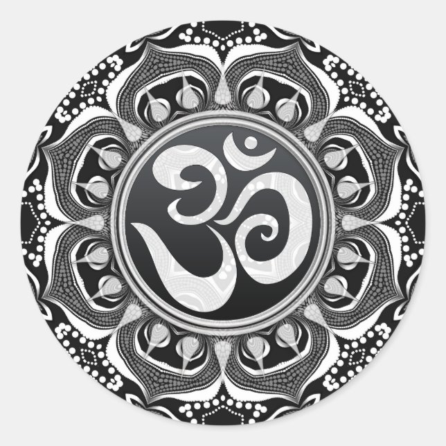 Adesivo Redondo Lotus Tribal Black+White Om Spiritual Art Sticker