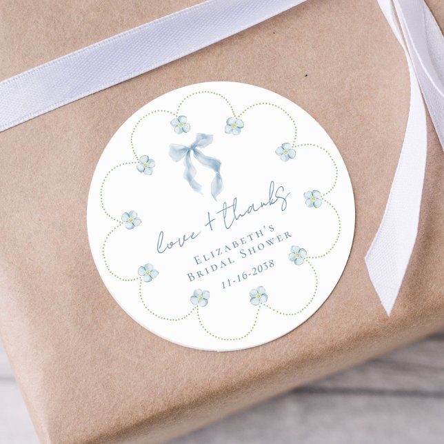 Adesivo Redondo Love And Thanks Blue Bow Bridal Shower Thank You (Love And Thanks Blue Bow Bridal Shower Thank You Classic Round Sticker)