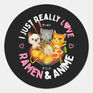 Adesivo Redondo Love Anime and Ramen Japan Noodles Cat Kawaii