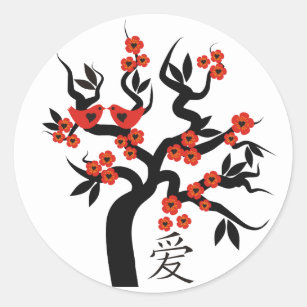 Adesivo Redondo Love Birds Sakura cerejeira símbolo de amor chinês