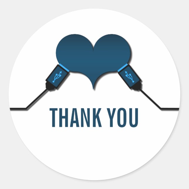 Adesivo Redondo Love Connection USB Obrigado Stickers, Azul (Frente)