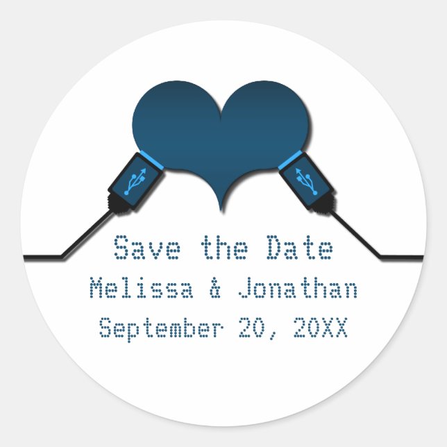 Adesivo Redondo Love Connection USB Save Date Stickers, Blue (Frente)