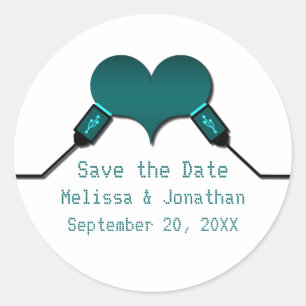 Adesivo Redondo Love Connection USB Save the Date Stickers, Teal