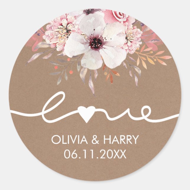 Adesivo Redondo Love Floral Weding Favor Stickers | Kraft (Frente)