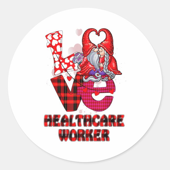 Adesivo Redondo Love Gnome Healthcare Worker Valentines Day Heart  (Frente)