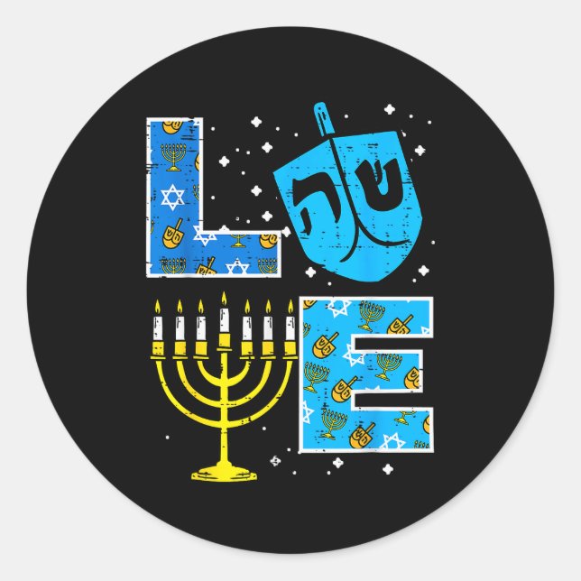 Adesivo Redondo Love Hanukkah Dreidel Menorah Jewish Chanukah Men  (Frente)