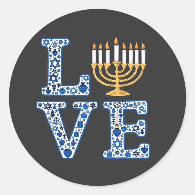 Adesivo Redondo Love Hanukkah Jewish Holiday Menorah (Frente)
