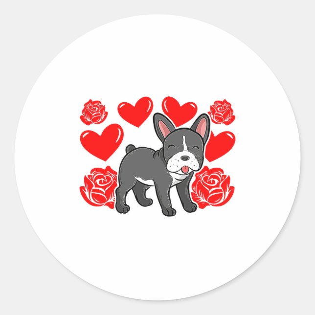 Adesivo Redondo Love Heart Valentines Day Roses French Bulldog Bo  (Frente)