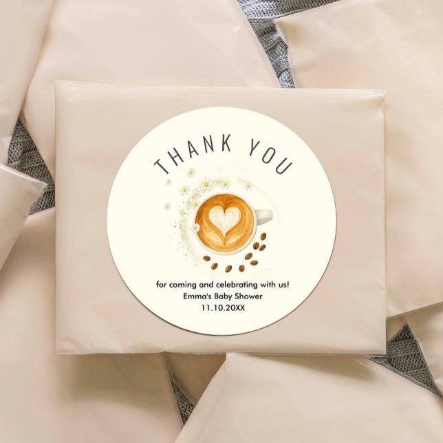 Adesivo Redondo Love is Brewing Baby Shower Sticker (Love is Brewing Baby Shower Sticker #zazzlemade #coffeebabyshower #watercolorflowers #daisesflowers)