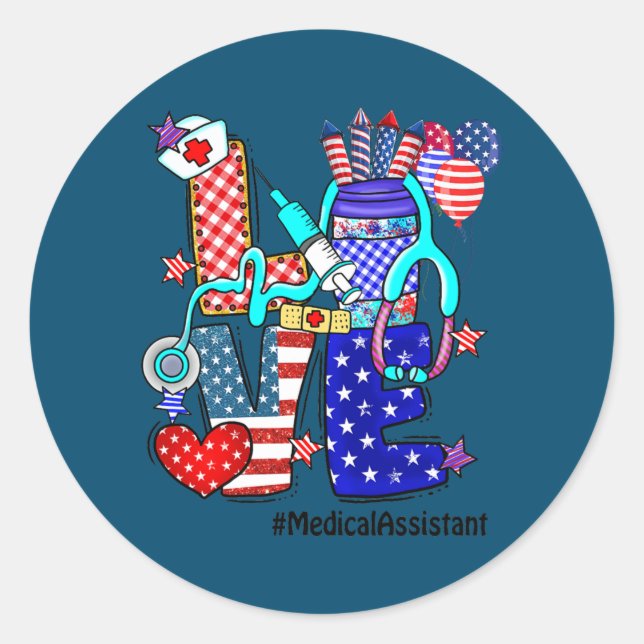 Adesivo Redondo LOVE Medical Assistant Stethoscope Fireworks USA (Frente)