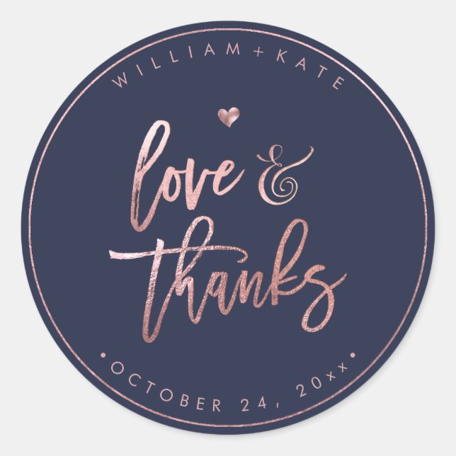 Adesivo Redondo Love+Obrigados, Rosa de Script Moderno Dourado+Mar (Frente)