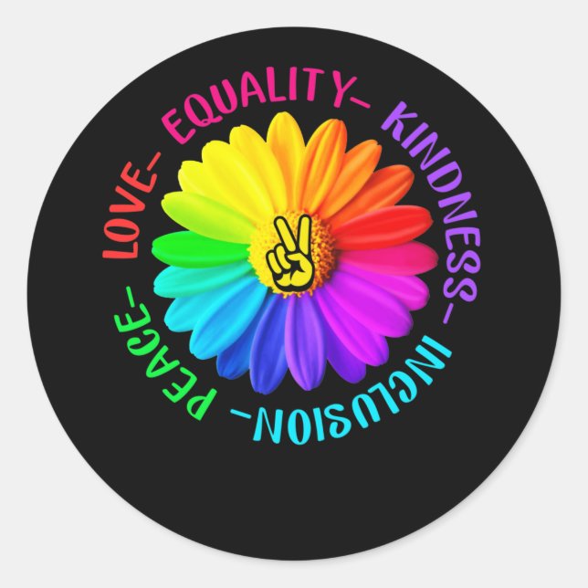 Adesivo Redondo Love Peace Kindness Inclusão Sinal de Paz Daisy (Frente)