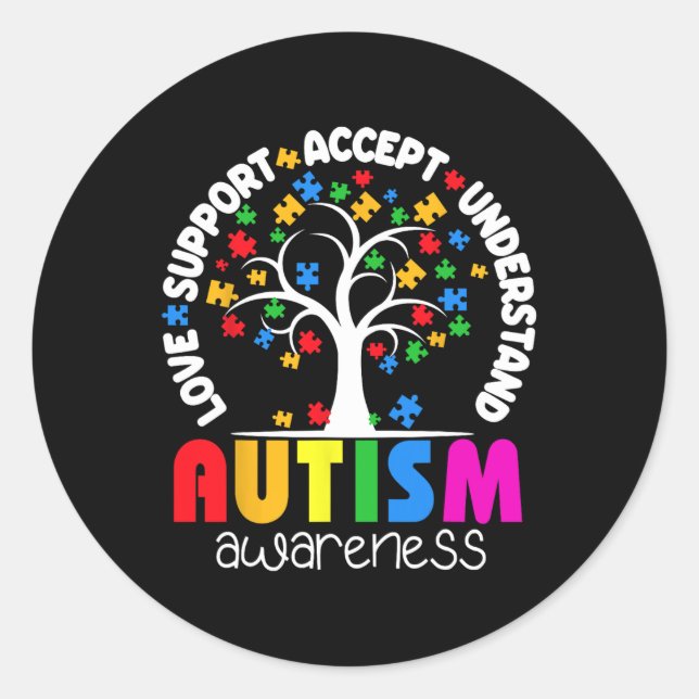 Adesivo Redondo Love Support Accept Compreender Autismo De Árvore  (Frente)