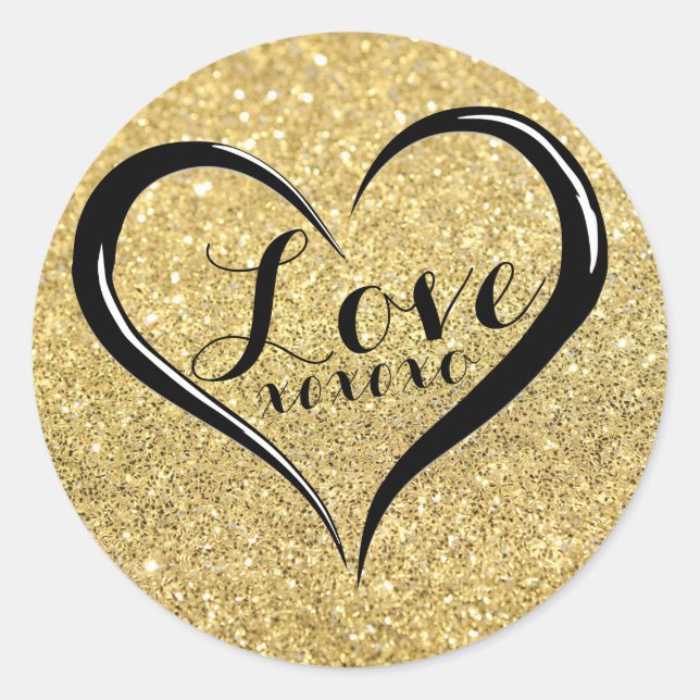 Adesivo Redondo Love XOXO Heart Black Text on Dourado Sticker (Frente)