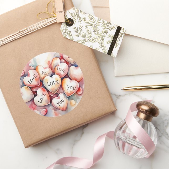 Adesivo Redondo Love You watercolor painting hearts birthday gift (Presentear)