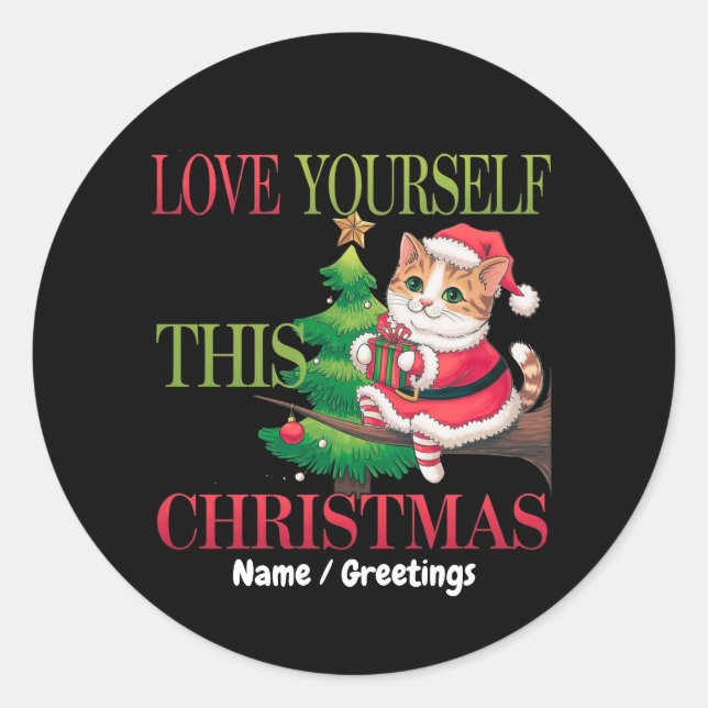 Adesivo Redondo  Love Yourself This Christmas Cute Cat Holiday (Frente)