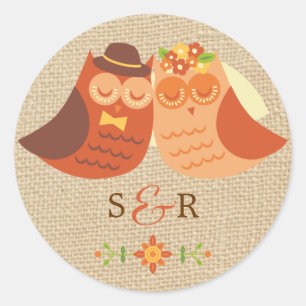 Adesivo Redondo Lovebird Owl no Burlap Wedker Sticker