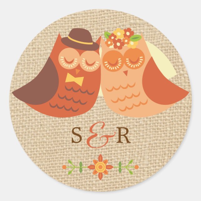 Adesivo Redondo Lovebird Owl no Burlap Wedker Sticker (Frente)