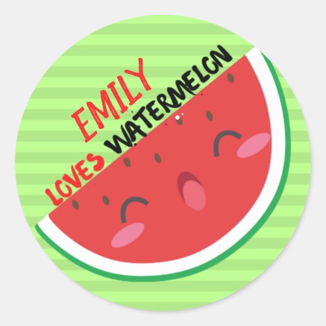 Adesivo Redondo Loves Watermelon, Watermelon Name Sticker (Frente)