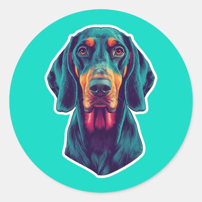 Adesivo Redondo Loyal Glow – Vibrant Bluetick Coonhound Pop Art (Frente)