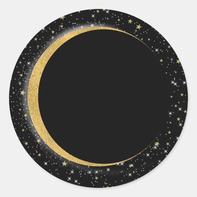 Adesivo Redondo Lua Celestial Noite Lunar Estrelas Preto & Dourado (Frente)