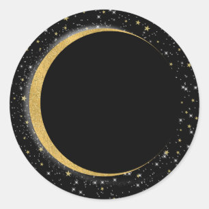Adesivo Redondo Lua Celestial Noite Lunar Estrelas Preto & Dourado