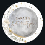 Adesivo Redondo Lua Celestial, Prata, Branco e Dourado Bat Mitzvah<br><div class="desc">Um favor elegante e/ou selo vedante Bat Mitzvah com uma bela lua celestial de aquarela e estrelas design coordenando nosso convite "Prata Celestial Chic, Branco e Dourado Bat Mitzvah". A mesma design do fundo do convite. Estrelas da Duna, frase de Bat Mitzvah e detalhes da lua de canto em folha...</div>