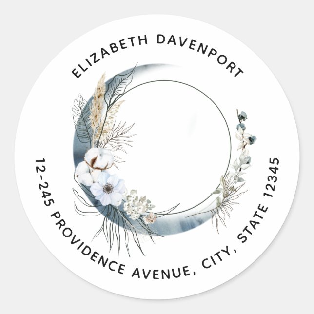 Adesivo Redondo Lua Crescente Azul com Morada de Flores Brancas (Frente)