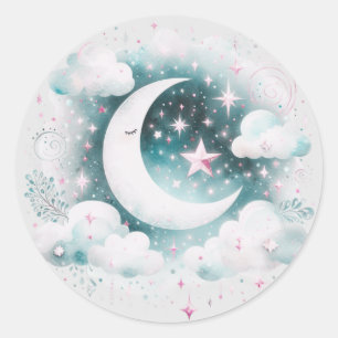 Adesivo Redondo Lua Crescente Azul e Branco Boho Moderno Celestial