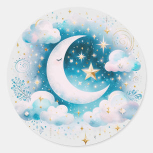 Adesivo Redondo Lua Crescente Azul e Branco Celestial Boho Moderno