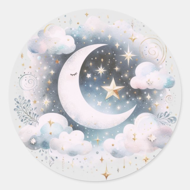 Adesivo Redondo Lua Crescente Azul e Branco Celestial Boho Moderno (Frente)