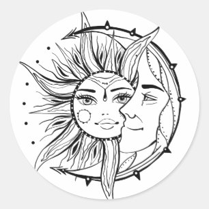 Adesivo Redondo Lua e sol. Ilustração de tatuagem de estilo Vint