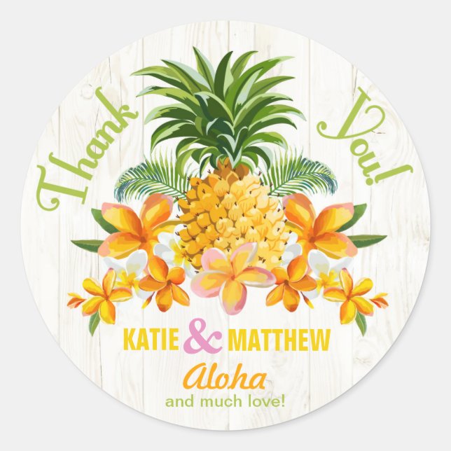 Adesivo Redondo Luau Beach Tropical Floral Obrigado Rótulo (Frente)